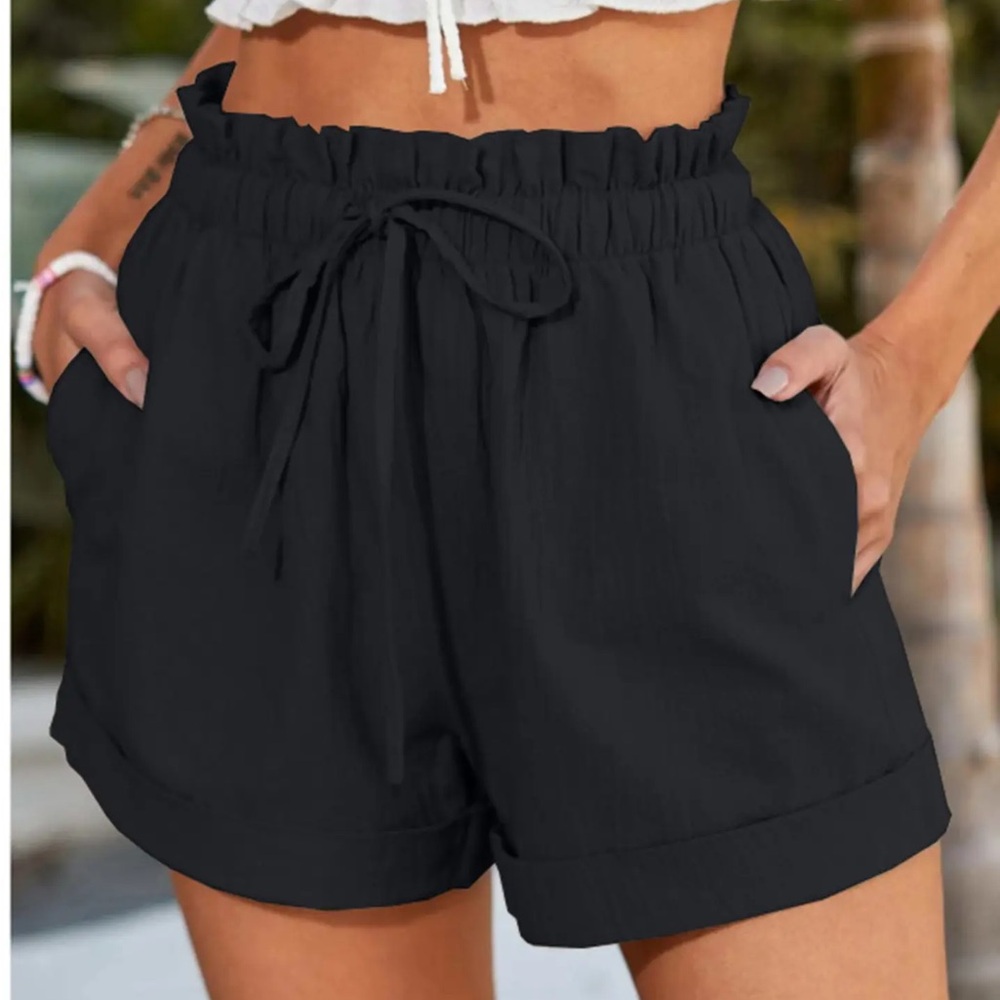 High-Waist Paperbag Black Drawstring Shorts for Women